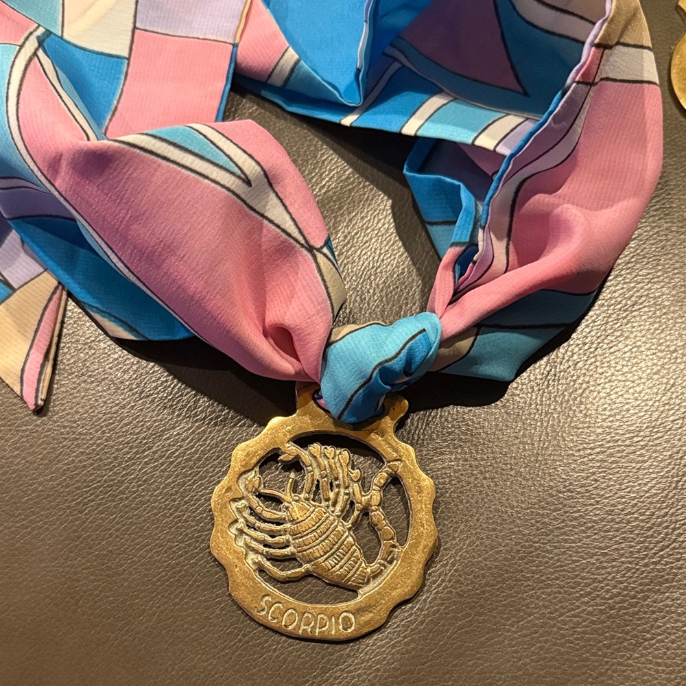 Scorpio Zodiac Medallion Silken Scarf Piece - Pink & Blue